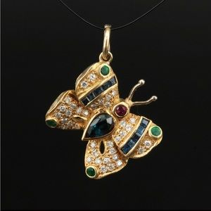 18K Sapphire, Ruby, Emerald and Diamond Butterfly Pendant